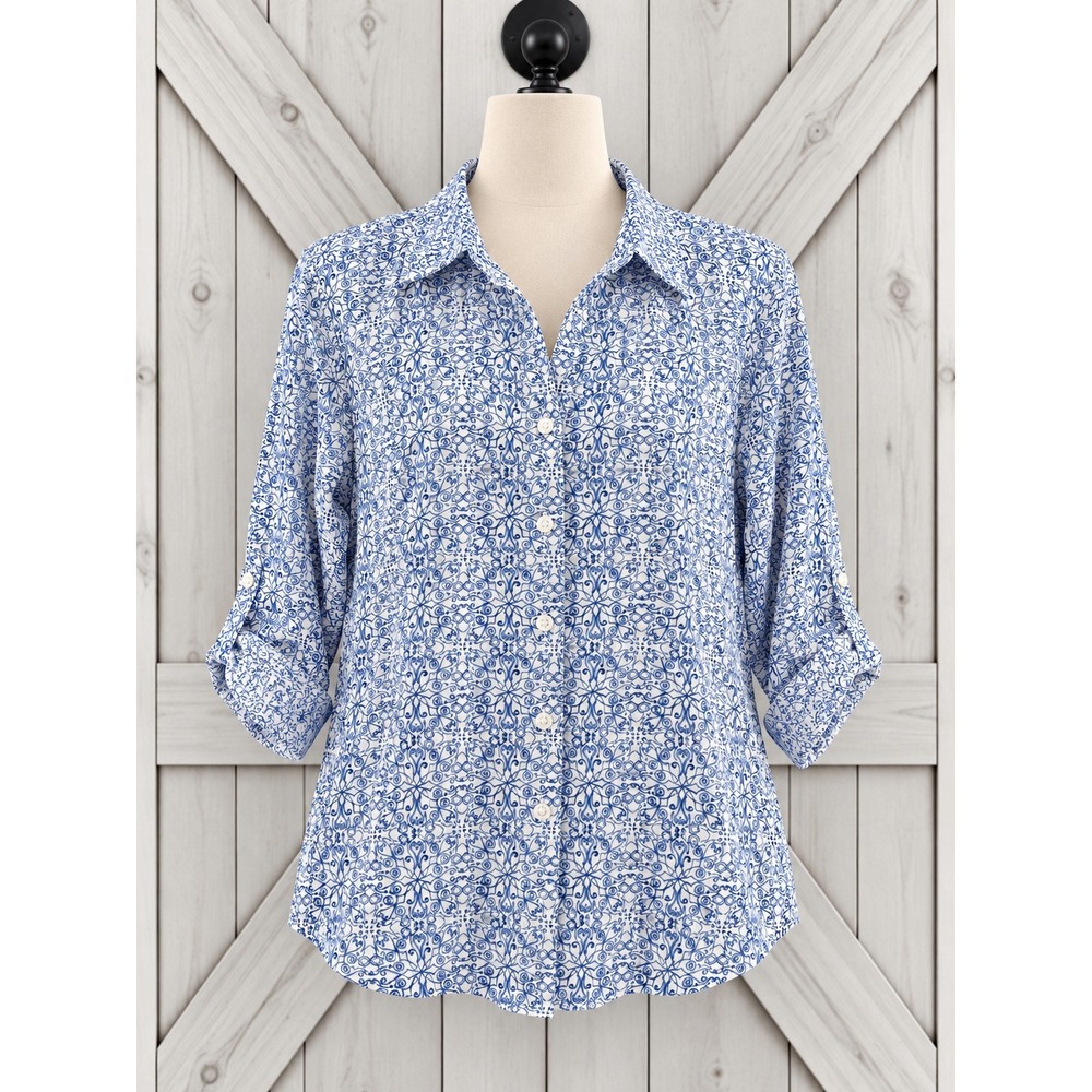 Croft & Barrow Button Down Shirt M Blue White Geometric Roll Tab Sleeve